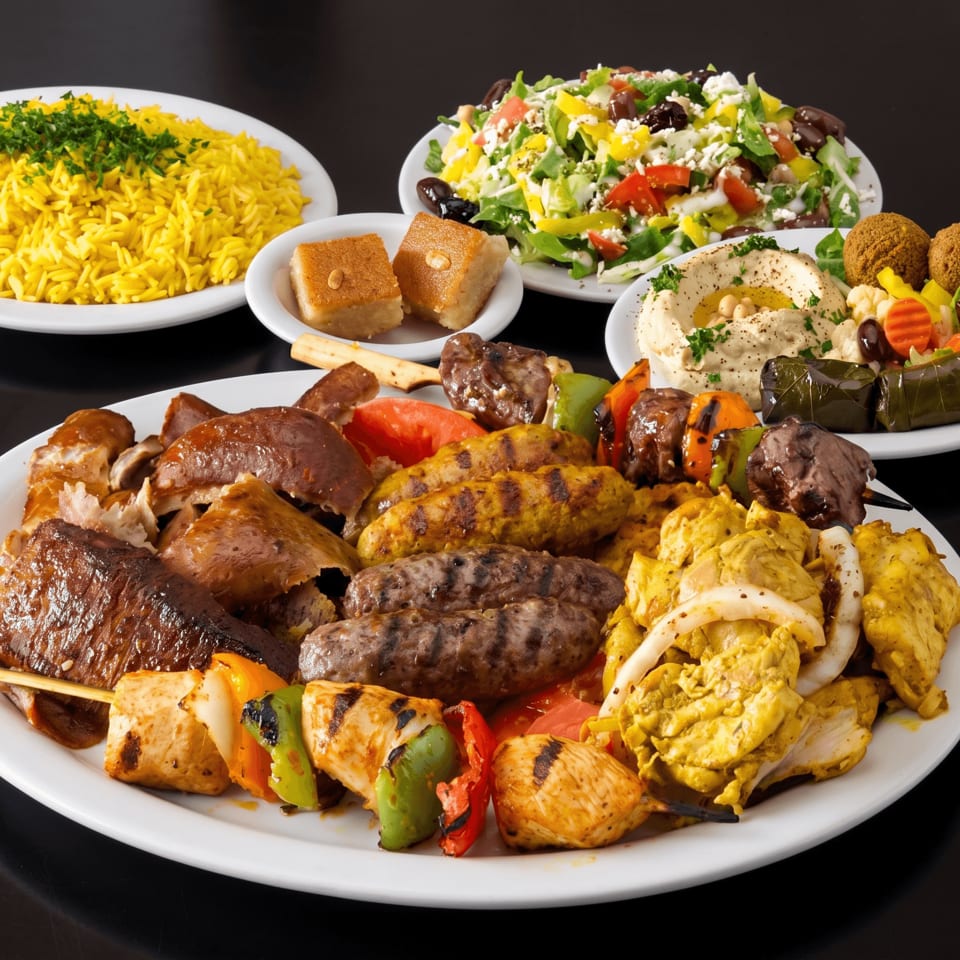 Assorted Middle Eastern dishes including grilled meats, kebabs, rice, salad, hummus, falafel, and stuffed vegetables on white plates.