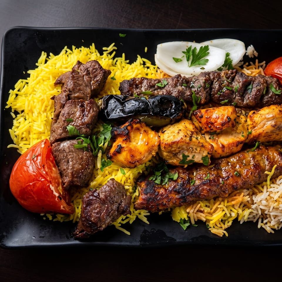 Mixed grilled meat and chicken platter with yellow rice, grilled vegetables, tomato, pita, and parsley on a black plate.