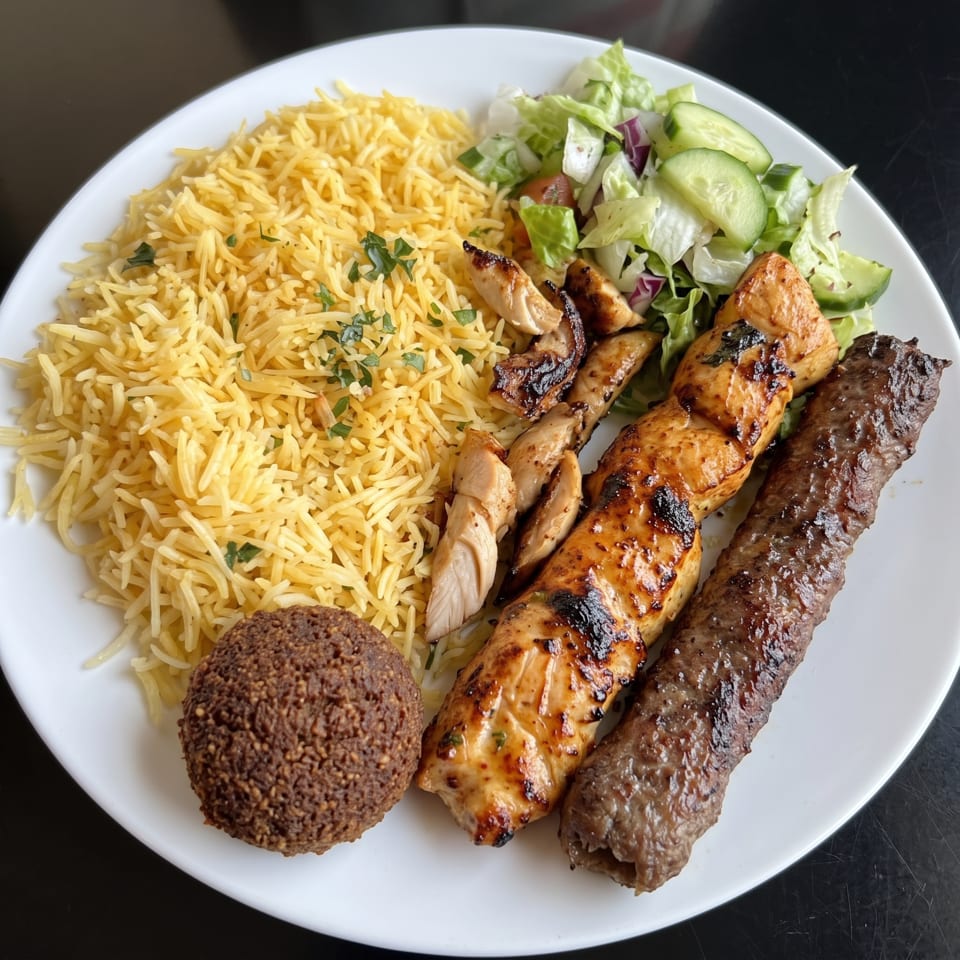 Plate of yellow rice with grilled chicken, beef kebab, falafel, and cucumber salad.